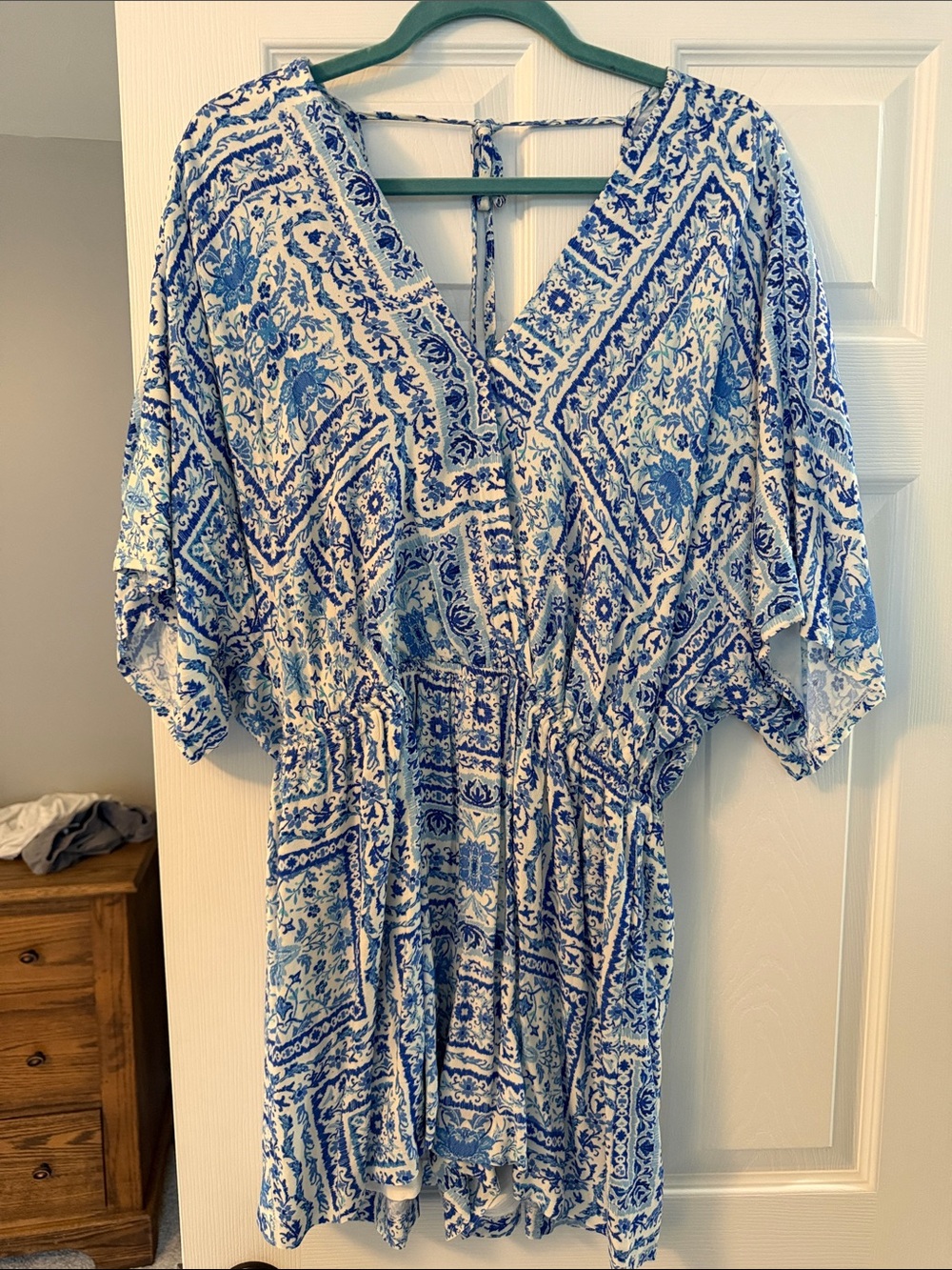 Vici Blue and White Floral V-Neck Open Back Romper